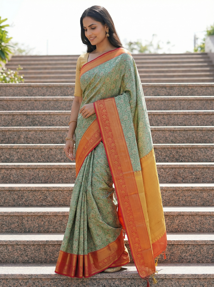 Sage Green Dharmavaram Inspired Semi Silk Saree with Wide Wide Contrast Border