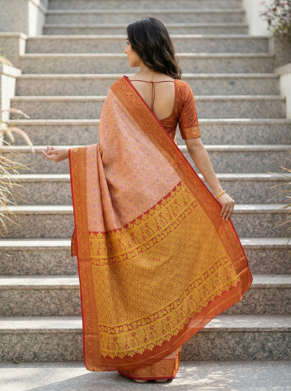 Burnt Orange Dharmavaram Inspired Semi Silk Saree with Wide Wide Contrast Border