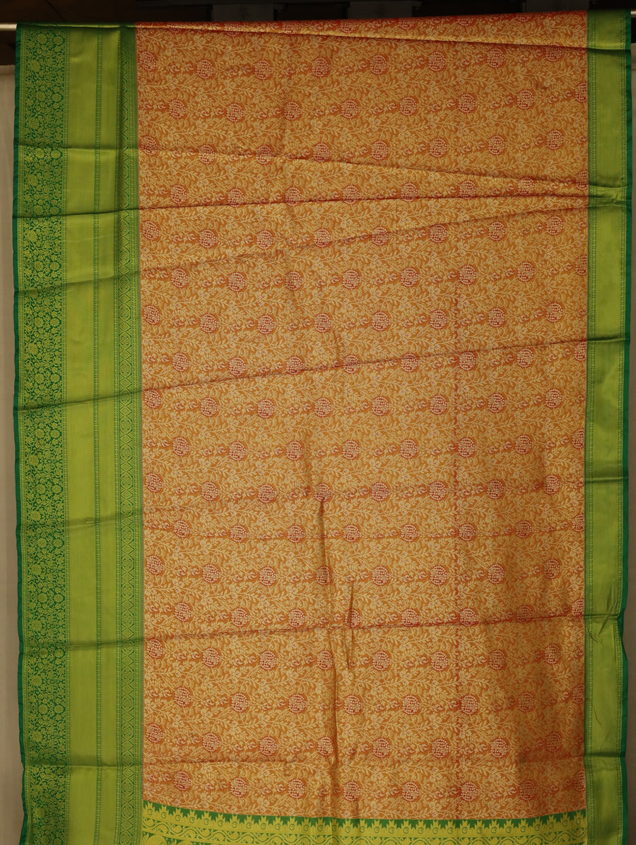 Pistachio Green Kanchipuram Inspired Semi Silk Saree with Wide Wide Contrast Border