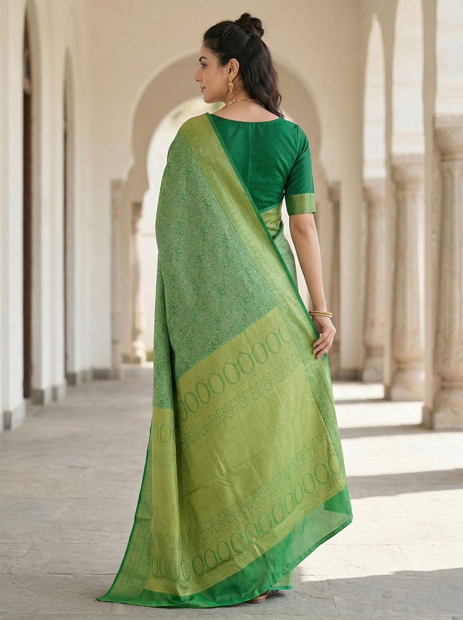 Moss Green Mysore Inspired Semi Silk Saree with Wide Wide Self Border