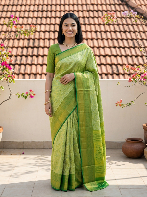 Sage Green Kanchipuram Inspired Semi Silk Saree with Wide Wide Self Border