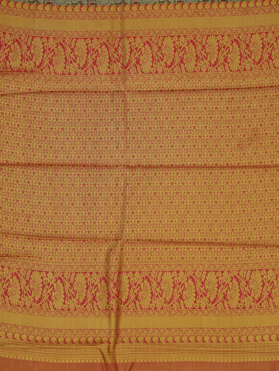 Sage Green Kanchipuram Inspired Semi Silk Saree with Wide Wide Contrast Border