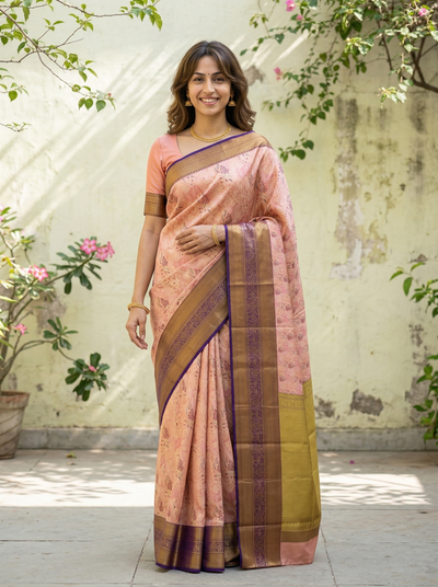 Dusty Rose Kanchipuram Inspired Semi Silk Saree with Wide Wide Contrast Border