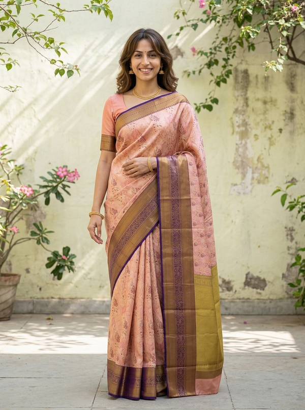 Dusty Rose Kanchipuram Inspired Semi Silk Saree with Wide Wide Contrast Border