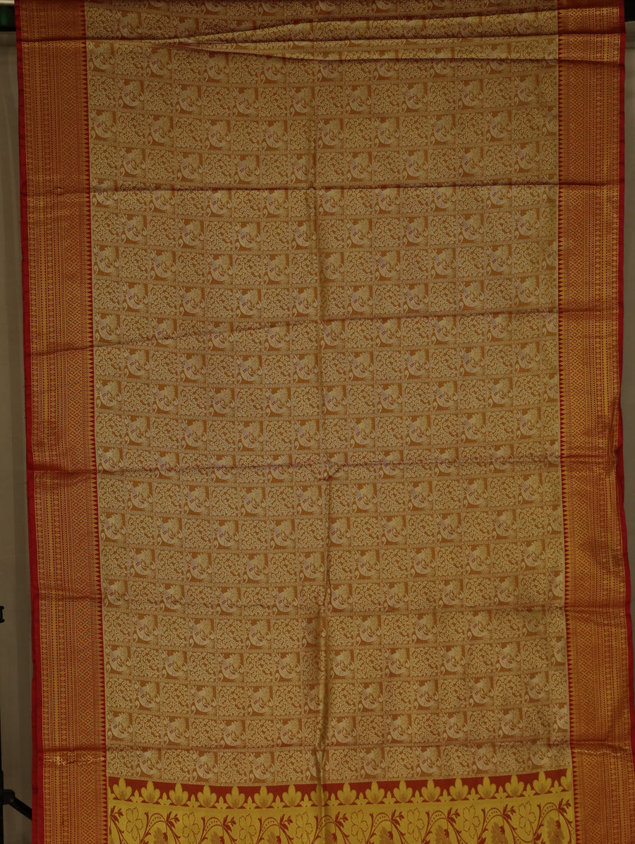 Champagne Gold Kanchipuram Inspired Semi Silk Saree with Medium Medium Contrast Border