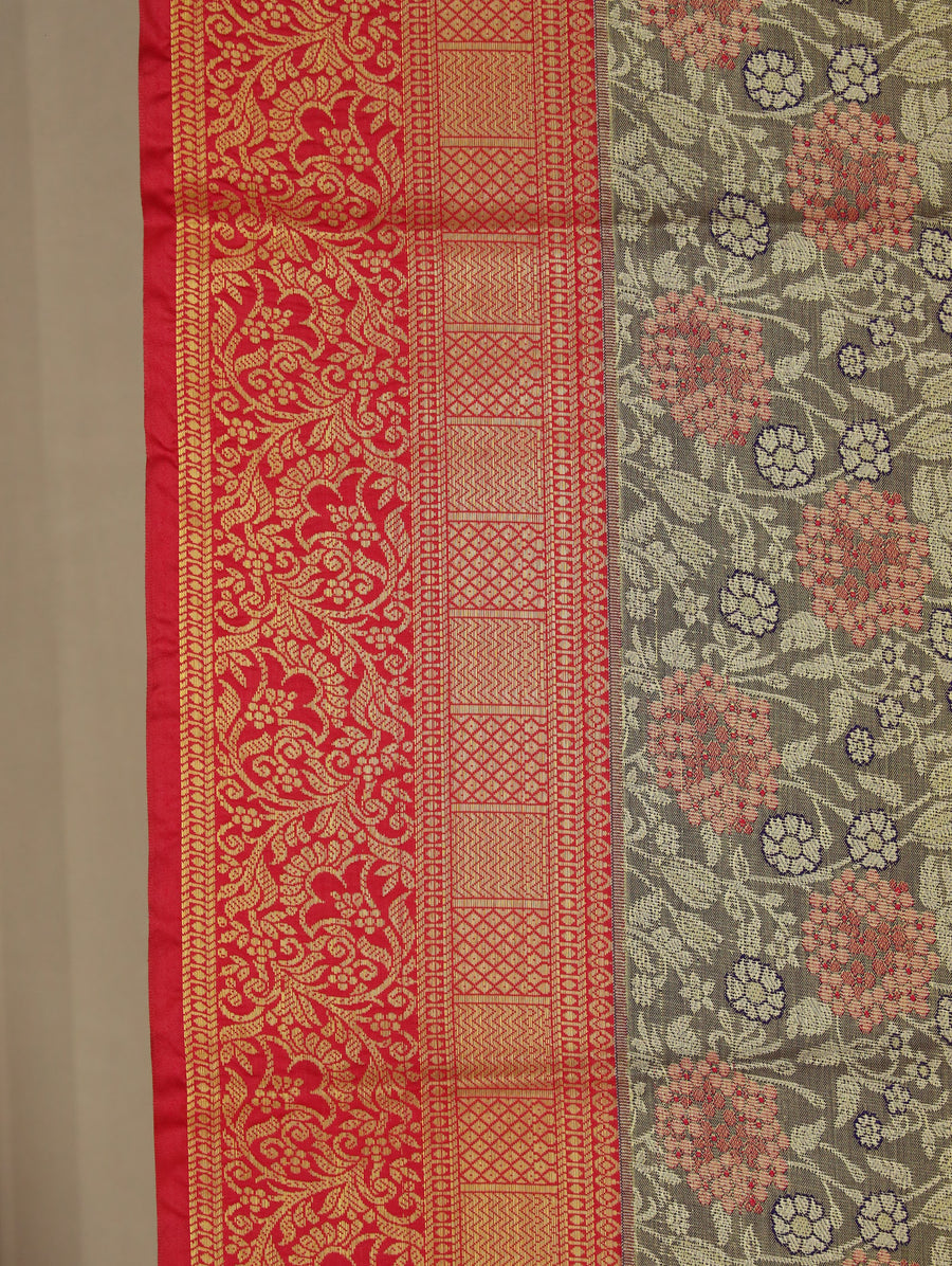 Sage Green Kanchipuram Inspired Semi Silk Saree with Wide Wide Contrast Border