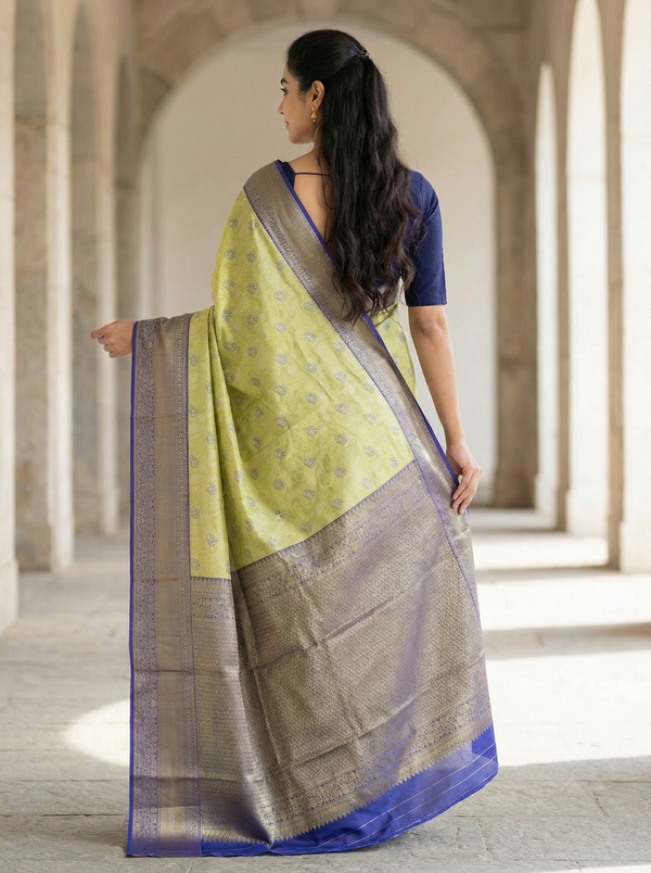 Golden Chartreuse Kanchipuram Inspired Semi Silk Saree with Wide Wide Contrast Border