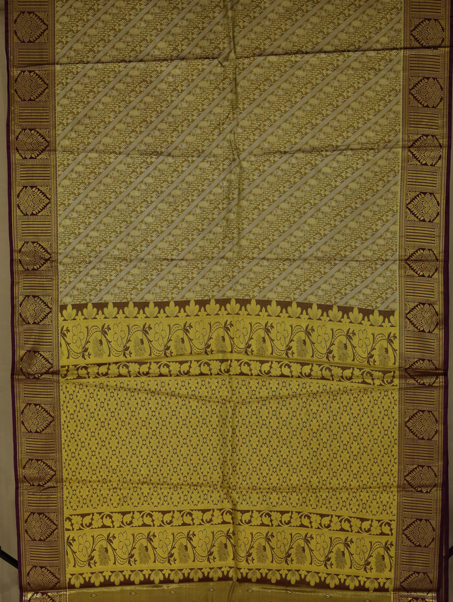 Champagne Gold Kanchipuram Inspired Semi Silk Saree with Wide Medium Contrast Border