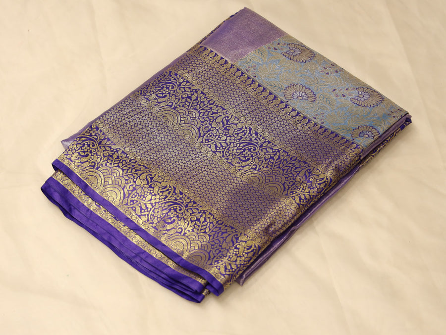Champagne Gold Kanchipuram Inspired Semi Silk Saree with Wide Wide Contrast Border