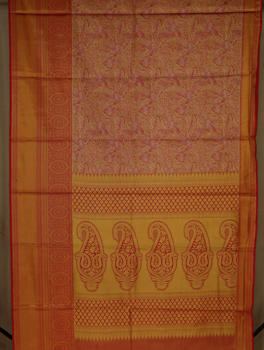 Sunset Orange Dharmavaram Inspired Semi Silk Saree with Medium Medium Contrast Border
