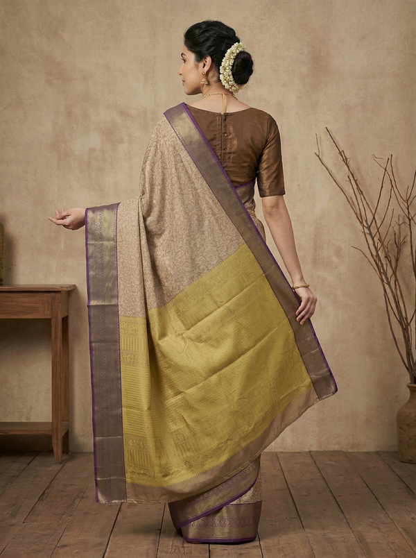 Champagne Gold Dharmavaram Inspired Semi Silk Saree with Medium Medium Contrast Border