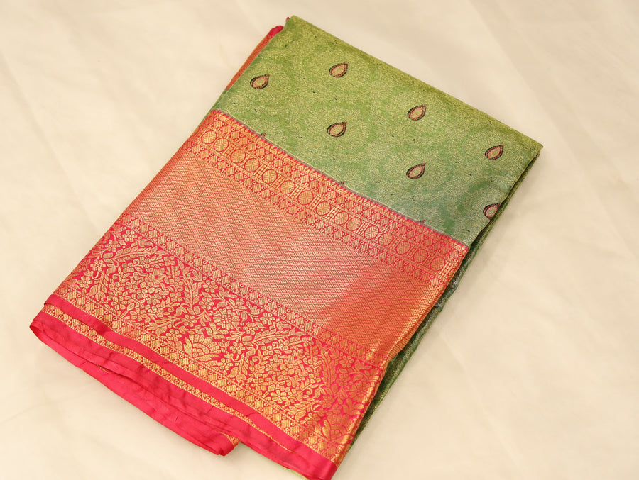 Sage Green Kanchipuram Inspired Semi Silk Saree with Wide Wide Contrast Border