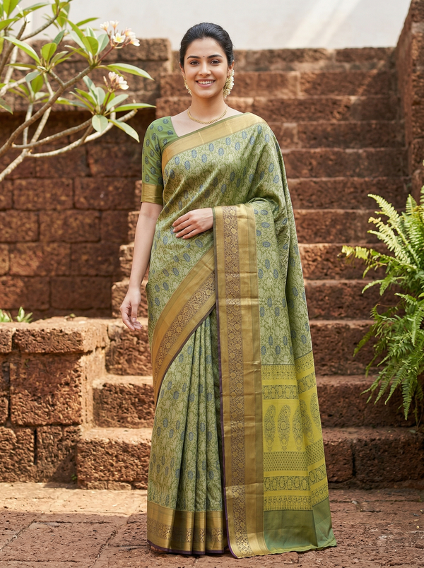 Olive Green Dharmavaram Inspired Semi Silk Saree with Medium Medium Contrast Border