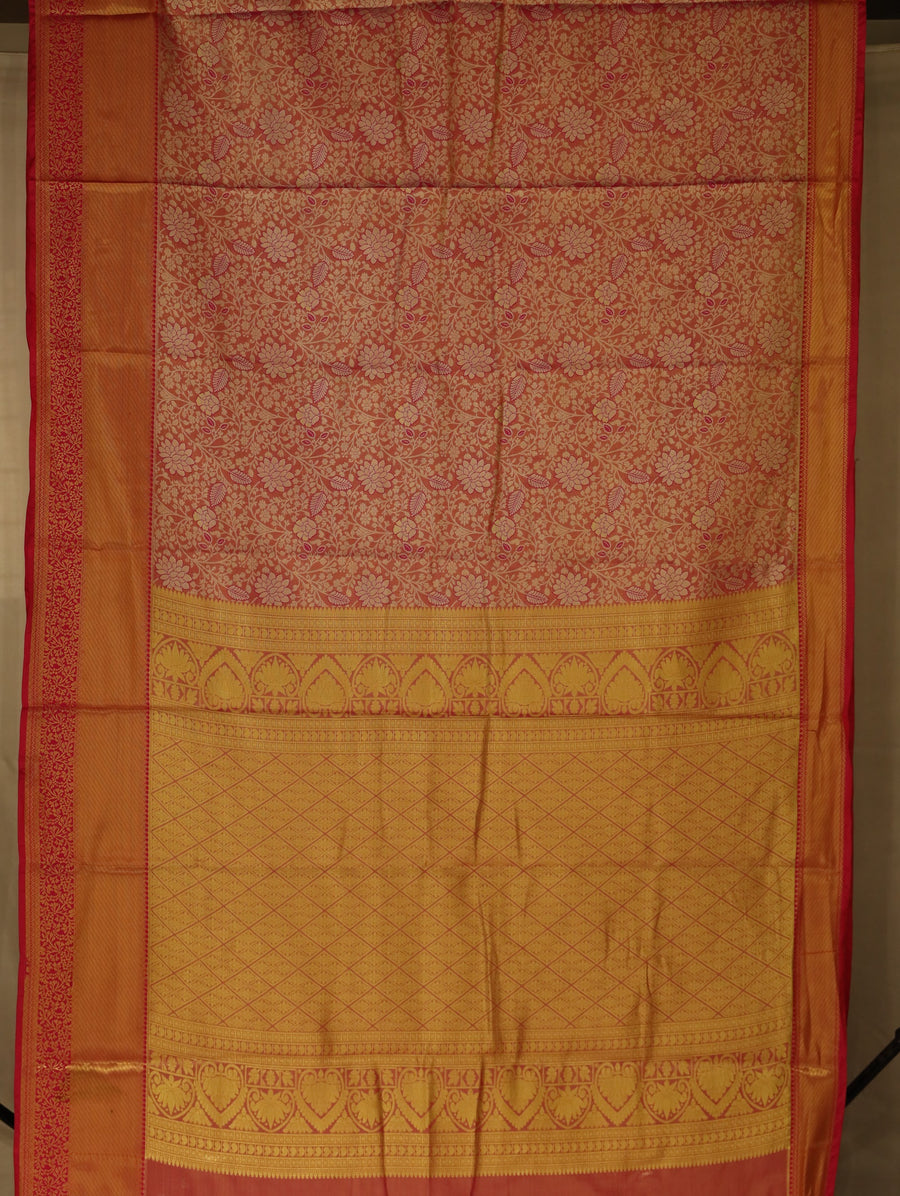 Sunset Coral Kanchipuram Inspired Semi Silk Saree with Medium Medium Contrast Border
