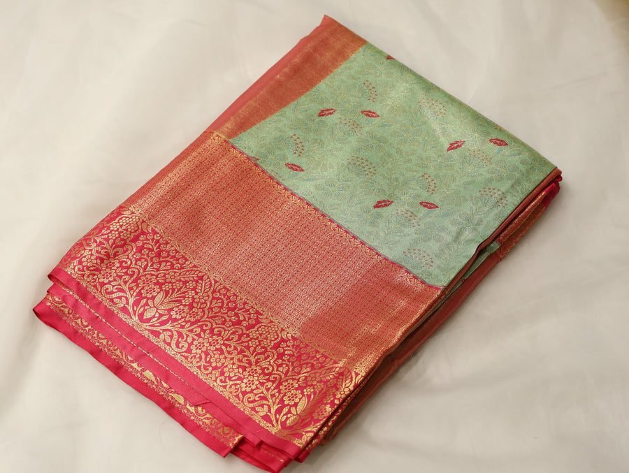 Sage Green Dharmavaram Inspired Semi Silk Saree with Wide Wide Contrast Border