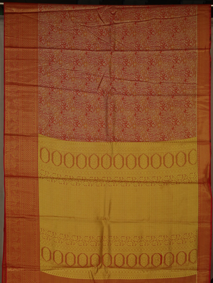 Burnt Orange Kanchipuram Inspired Semi Silk Saree with Wide Wide Contrast Border