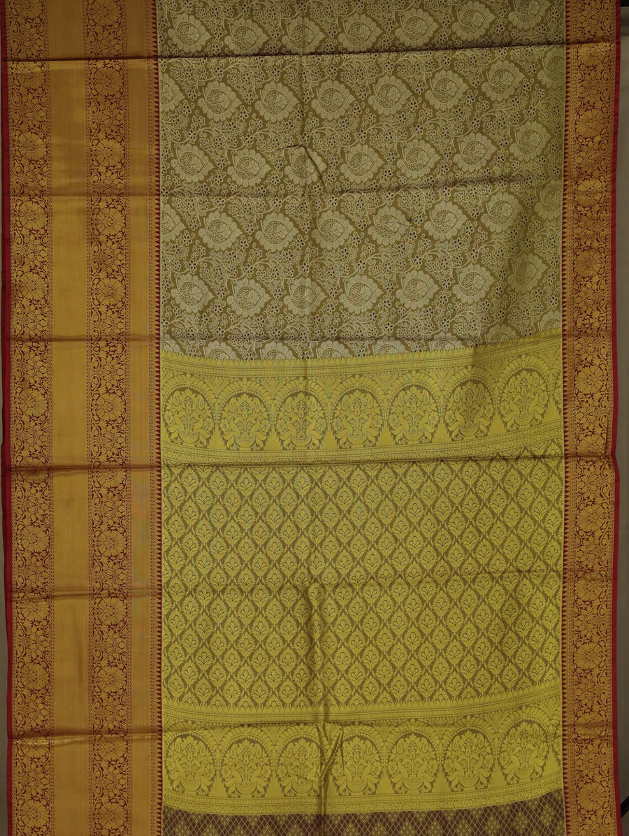 Olive Gold Kanchipuram Inspired Semi Silk Saree with Wide Wide Contrast Border
