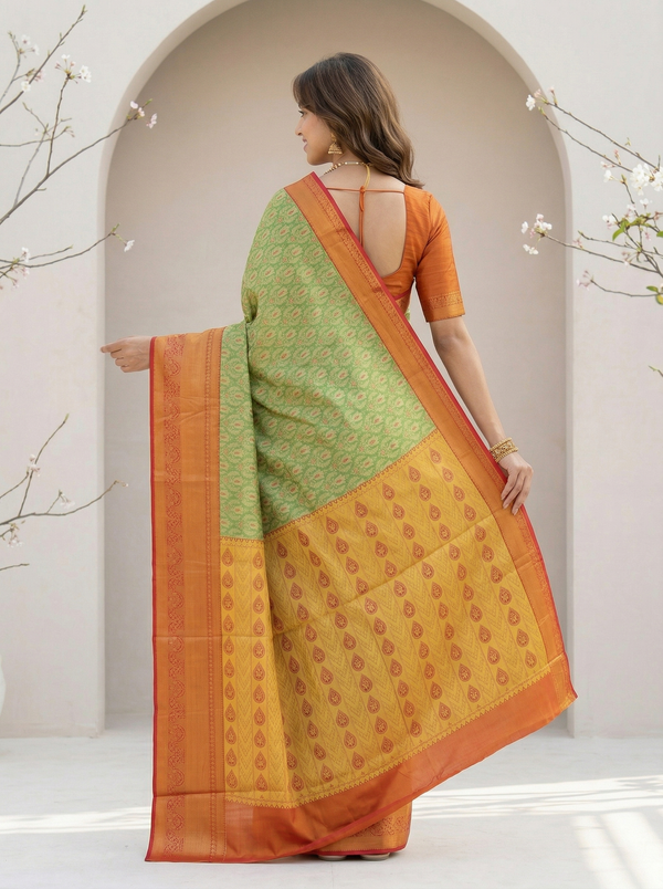 Sage Green Kanchipuram Inspired Semi Silk Saree with Wide Wide Contrast Border