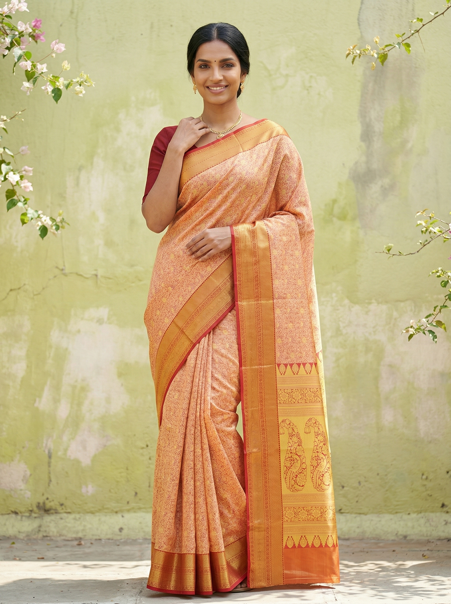 Sunset Orange Dharmavaram Inspired Semi Silk Saree with Wide Wide Contrast Border