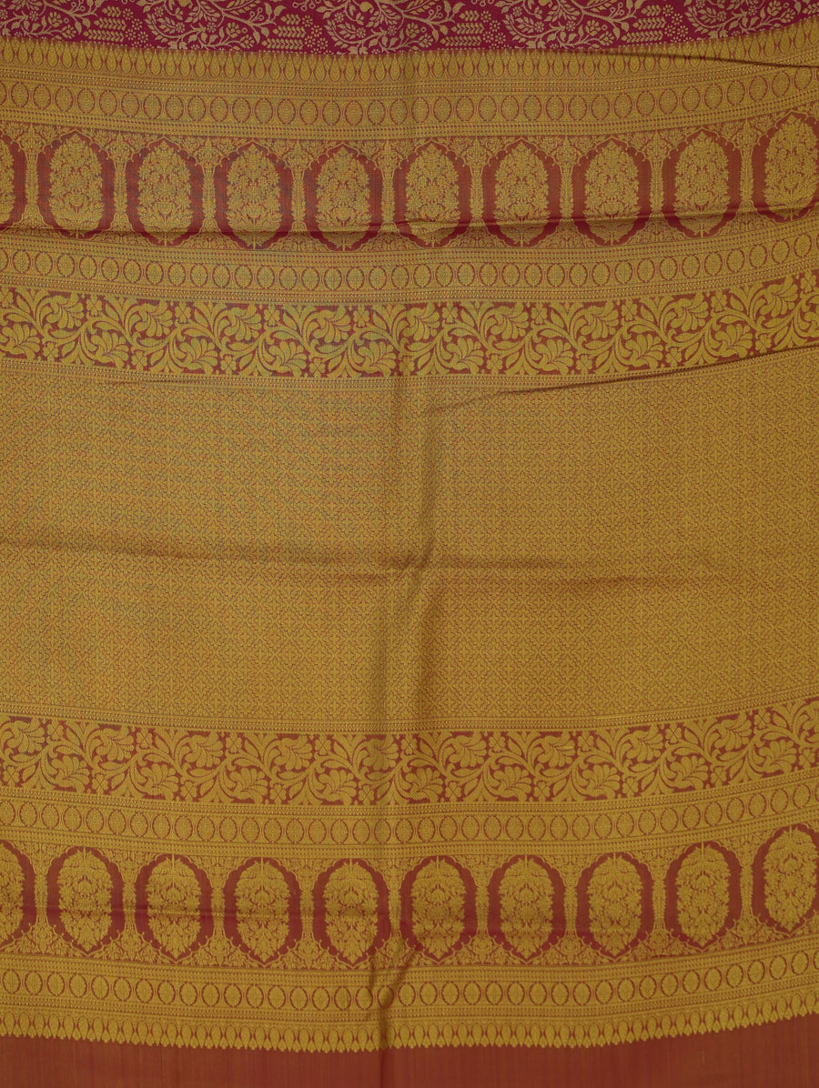 Rosewood Red Kanchipuram Inspired Semi Silk Saree with Wide Wide Contrast Border