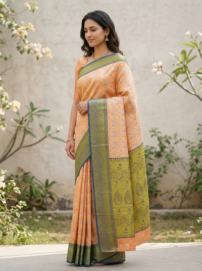 Peach Blush Kanchipuram Inspired Semi Silk Saree with Wide Wide Contrast Border