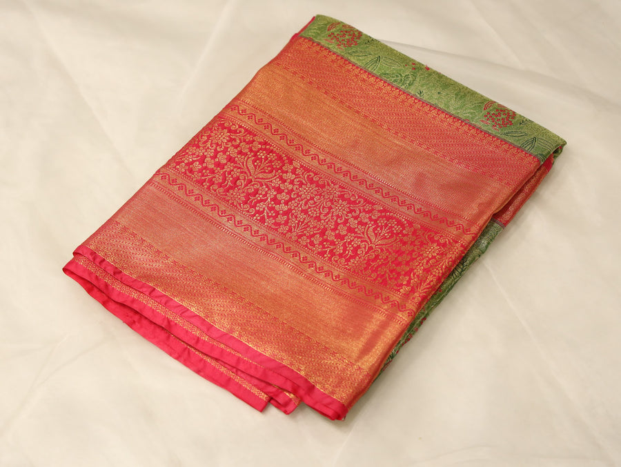 Sage Green Kanchipuram Inspired Semi Silk Saree with Wide Wide Contrast Border