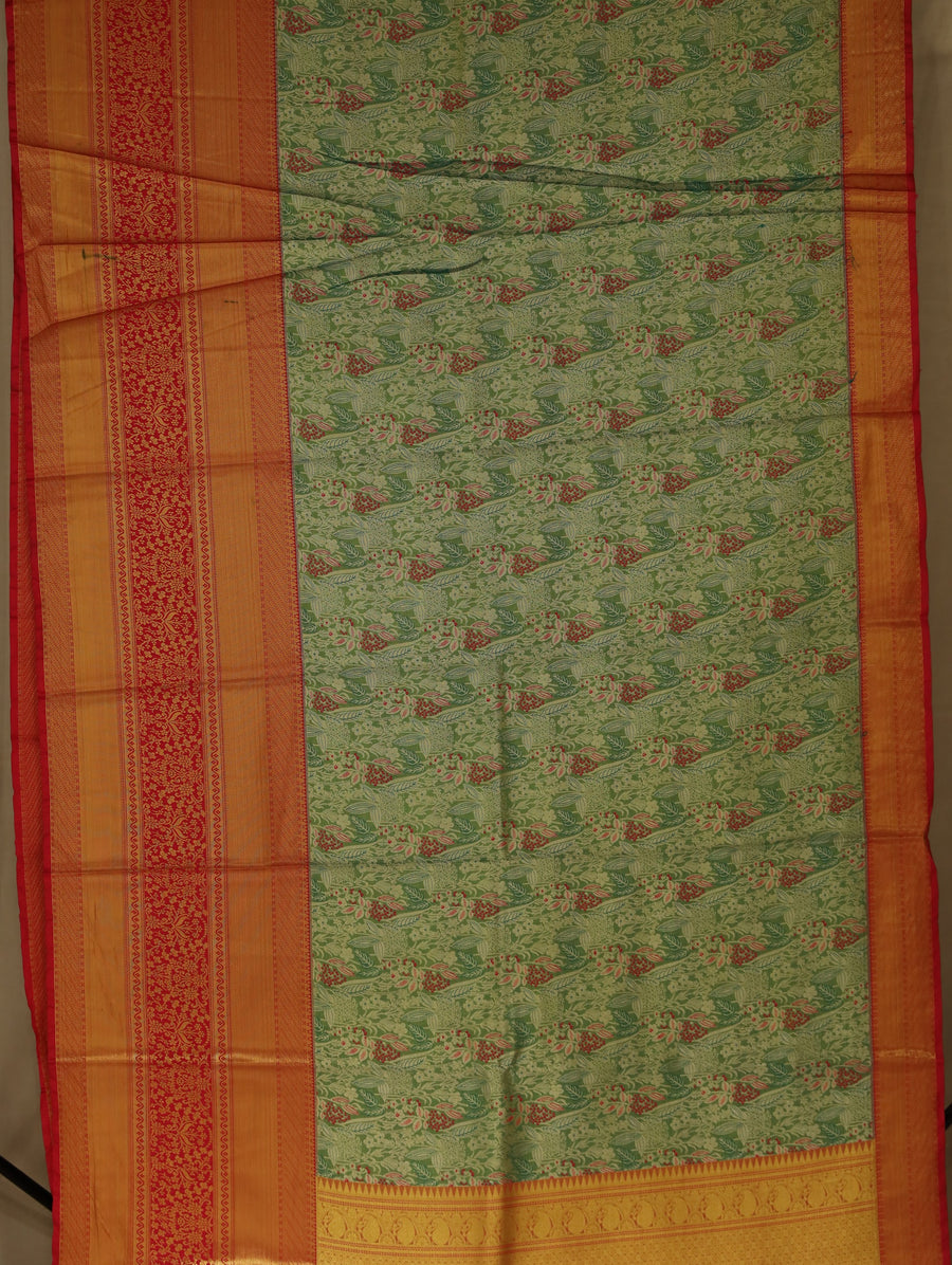 Sage Green Kanchipuram Inspired Semi Silk Saree with Wide Wide Contrast Border
