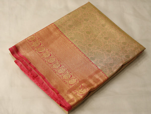 Champagne Gold Dharmavaram Inspired Semi Silk Saree with Wide Wide Contrast Border