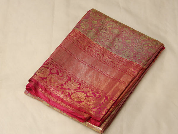 Champagne Gold Kanchipuram Inspired Semi Silk Saree with Medium Medium Contrast Border