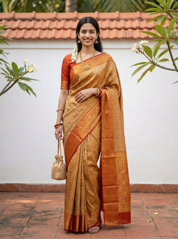 Champagne Gold Kanchipuram Inspired Semi Silk Saree with Wide Wide Contrast Border
