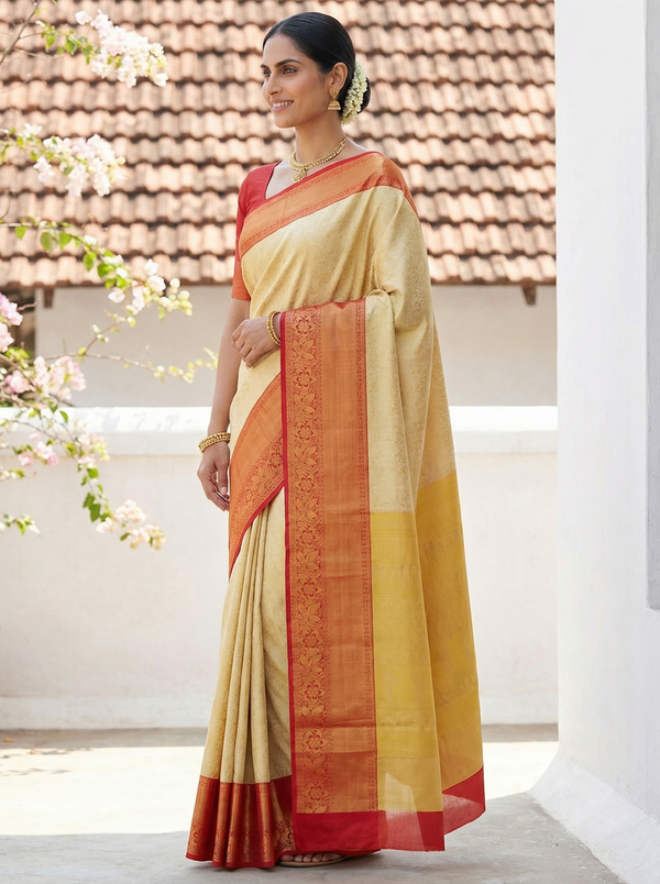 Champagne Gold Kanchipuram Inspired Semi Silk Saree with Medium Medium Contrast Border