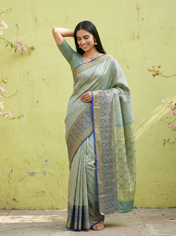 Sage Green Mysore Inspired Semi Silk Saree with Medium Medium Contrast Border