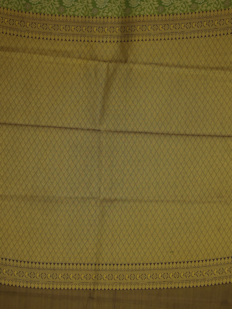 Olive Green Kanchipuram Inspired Semi Silk Saree with Wide Wide Contrast Border