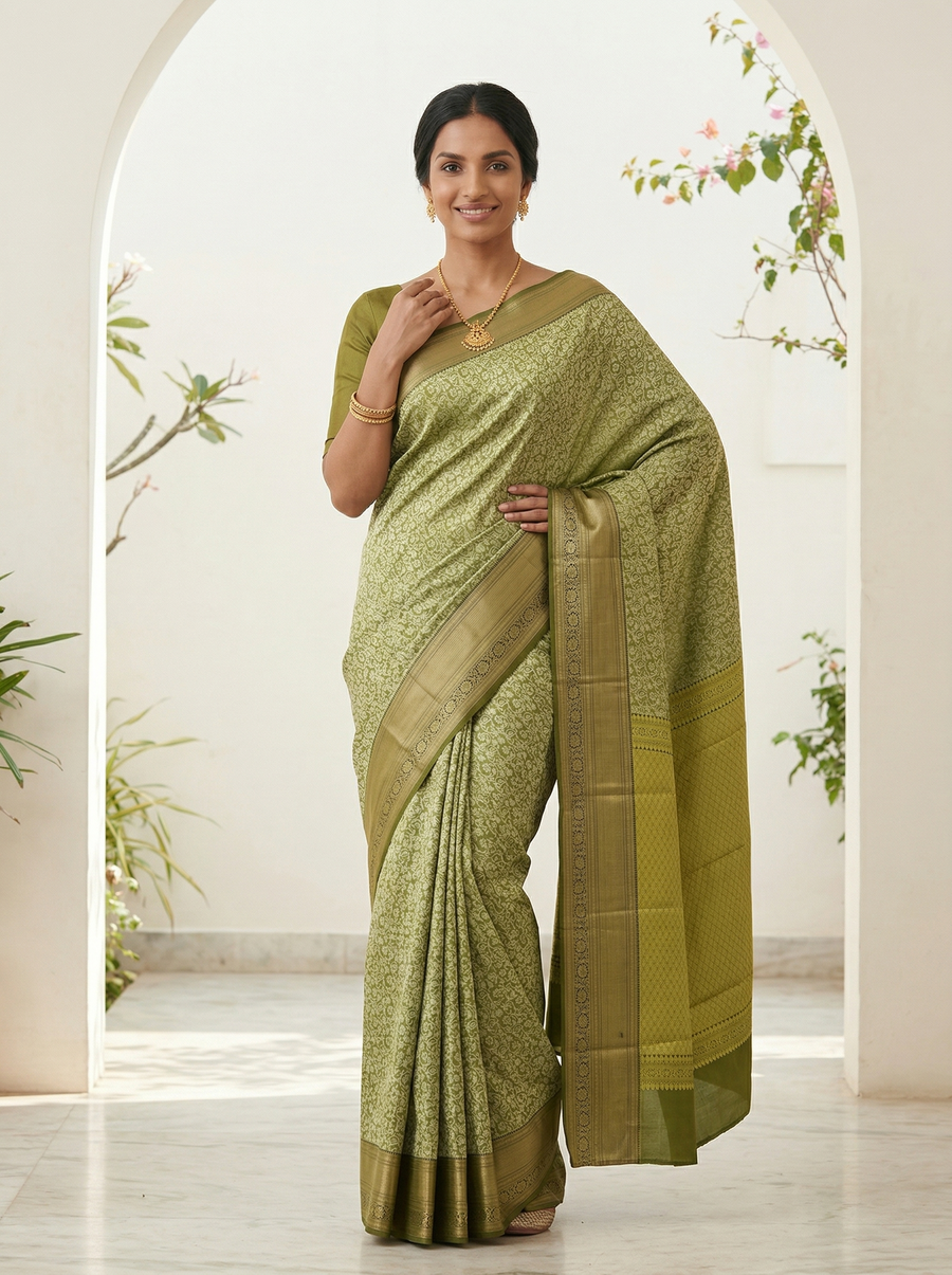 Olive Green Kanchipuram Inspired Semi Silk Saree with Medium Medium Self Border