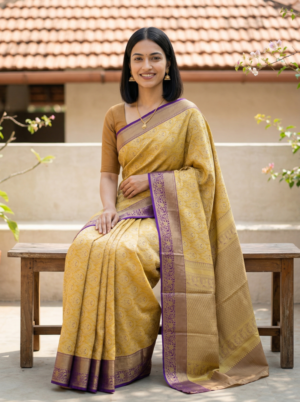 Champagne Gold Dharmavaram Inspired Semi Silk Saree with Medium Medium Contrast Border