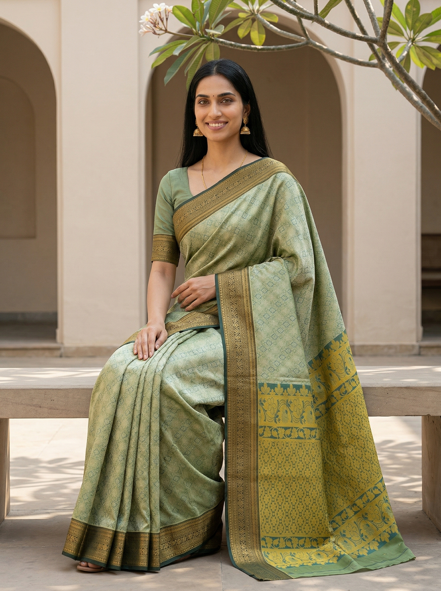 Mint Green Dharmavaram Inspired Semi Silk Saree with Medium Medium Contrast Border