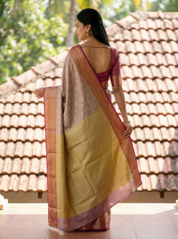 Champagne Gold Kanchipuram Inspired Semi Silk Saree with Wide Wide Contrast Border