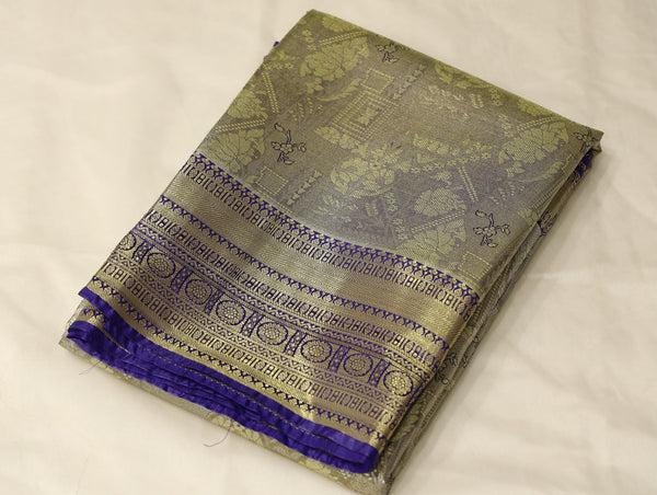 Chartreuse Gold Kanchipuram Inspired Semi Silk Saree with Medium Medium Contrast Border