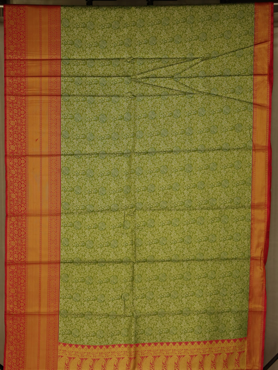 Sage Green Kanchipuram Inspired Semi Silk Saree with Wide Wide Contrast Border