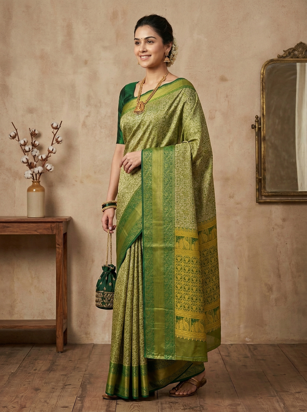 Fern Green Dharmavaram Inspired Semi Silk Saree with Wide Wide Contrast Border