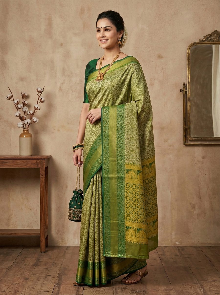 Fern Green Dharmavaram Inspired Semi Silk Saree with Wide Wide Contrast Border