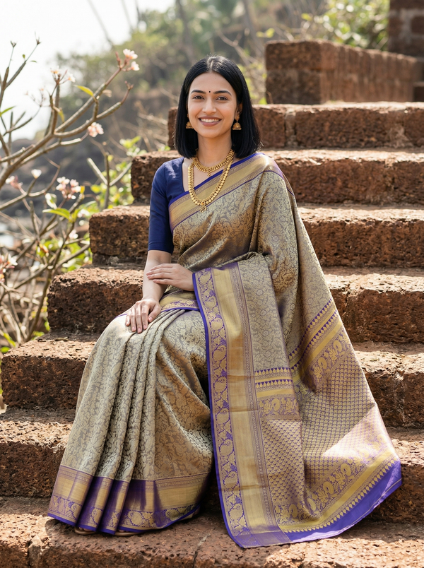 Champagne Gold Kanchipuram Inspired Semi Silk Saree with Medium Medium Contrast Border