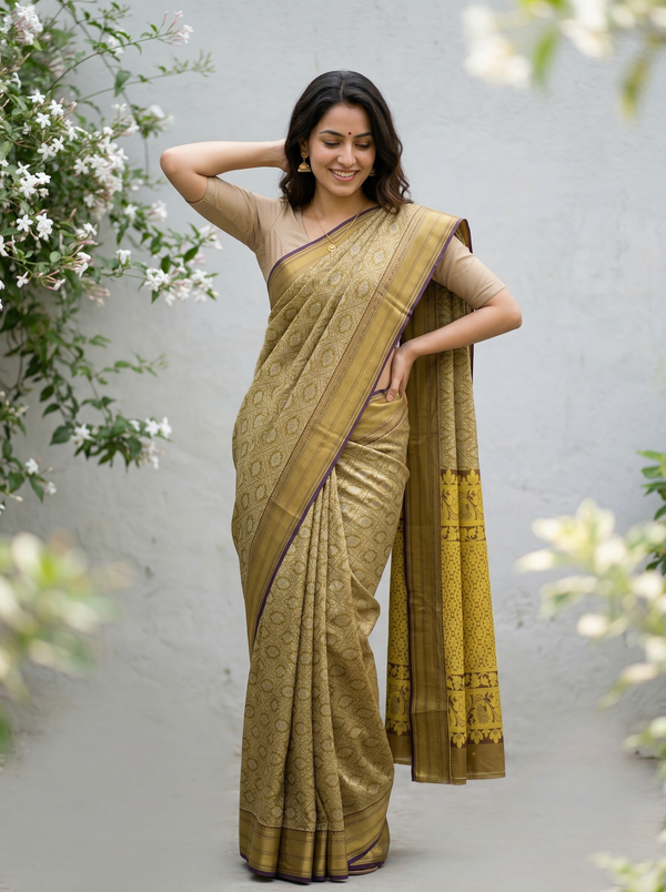 Mustard Gold Kanchipuram Inspired Semi Silk Saree with Medium Medium Contrast Border