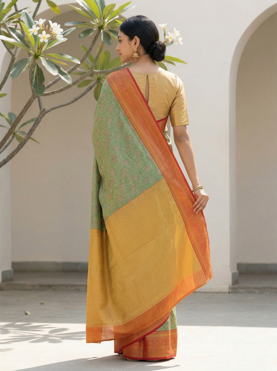 Sage Green Kanchipuram Inspired Semi Silk Saree with Wide Wide Contrast Border
