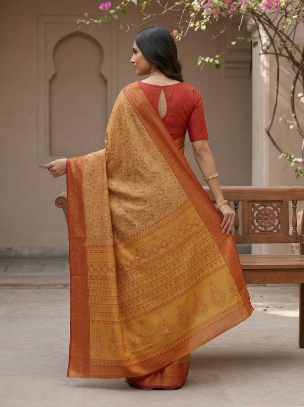 Sunset Yellow Dharmavaram Inspired Semi Silk Saree with Wide Medium Contrast Border