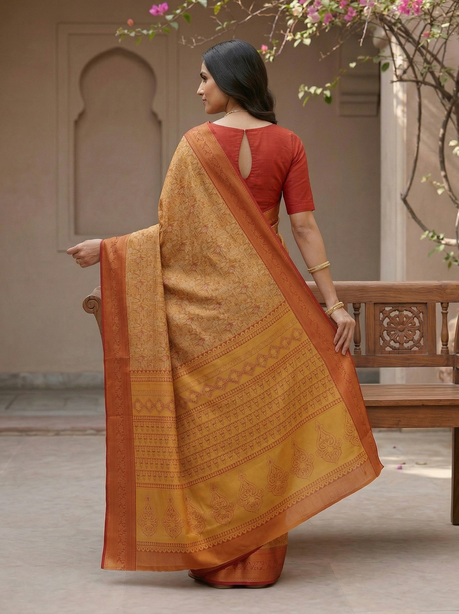 Sunset Yellow Dharmavaram Inspired Semi Silk Saree with Wide Medium Contrast Border