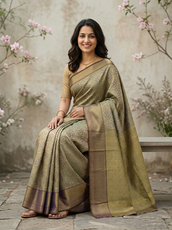 Champagne Gold Kanchipuram Inspired Semi Silk Saree with Wide Wide Contrast Border