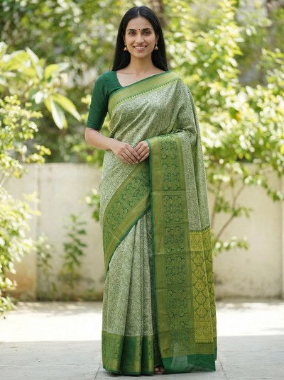 Moss Green Mysore Inspired Semi Silk Saree with Medium Medium Contrast Border