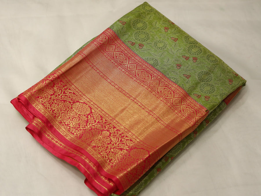 Mint Green Dharmavaram Inspired Semi Silk Saree with Wide Wide Contrast Border