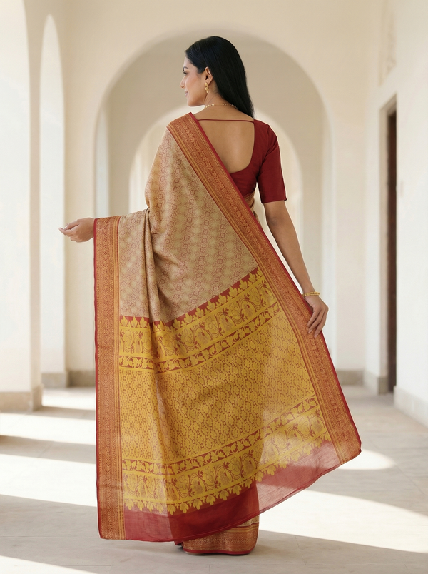 Champagne Gold Dharmavaram Inspired Semi Silk Saree with Medium Medium Contrast Border
